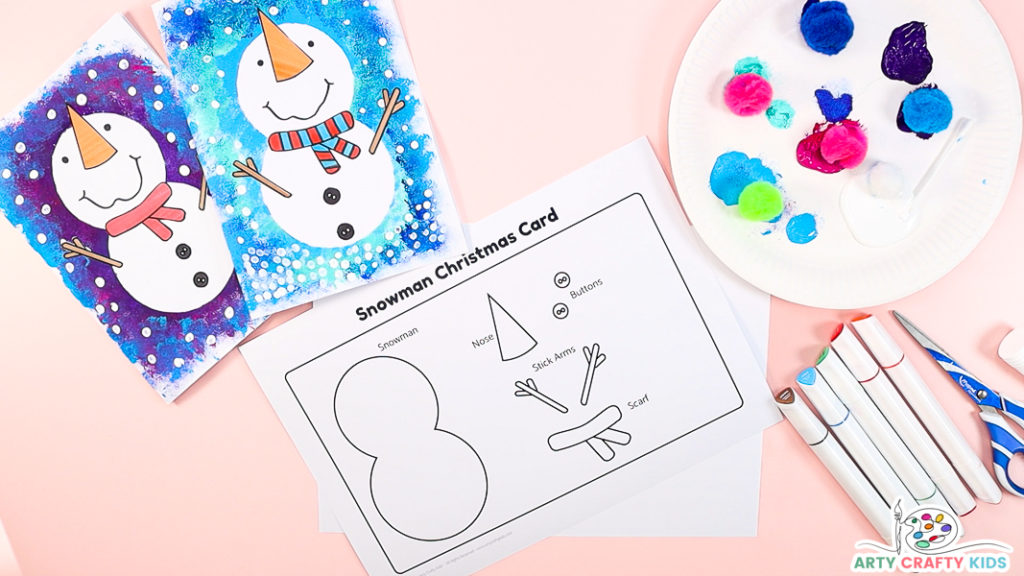 Image of the snowman printable template with completed Christmas cards and materials surrounding the template.