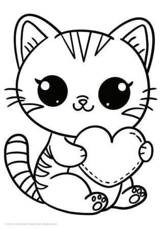 Free Coloring Sheet of a Cute cat holding a heart.