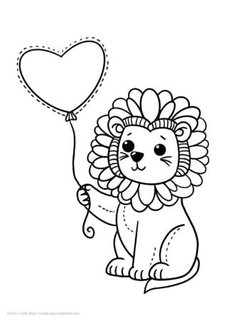 Free Lion holding a heart shaped balloon coloring page.
