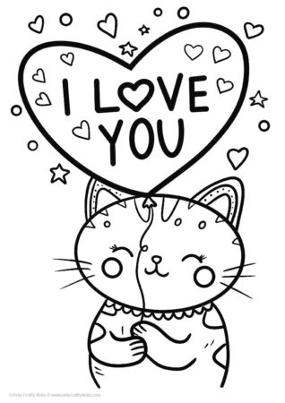Cute preschool coloring page of a cat holding a heart balloon.