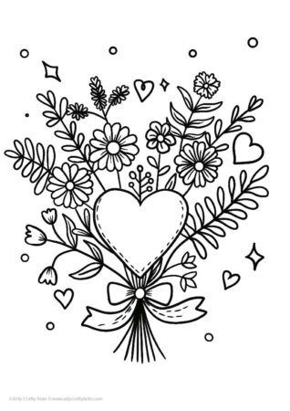 Heart flower bouquet for adults to color.