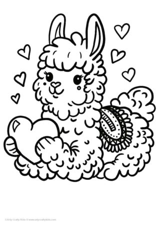 Cute llama holding a heart printable sheet to color.