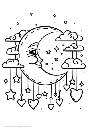 Coloring page of a moon, hearts and stars.