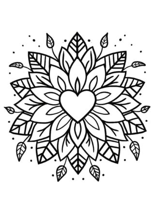 Free Coloring page of a flower heart mandala.