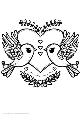 Printable Heart Coloring Page of Love Birds.