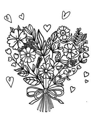 Printable PDF Coloring Page of a Heart Flower Bouquet