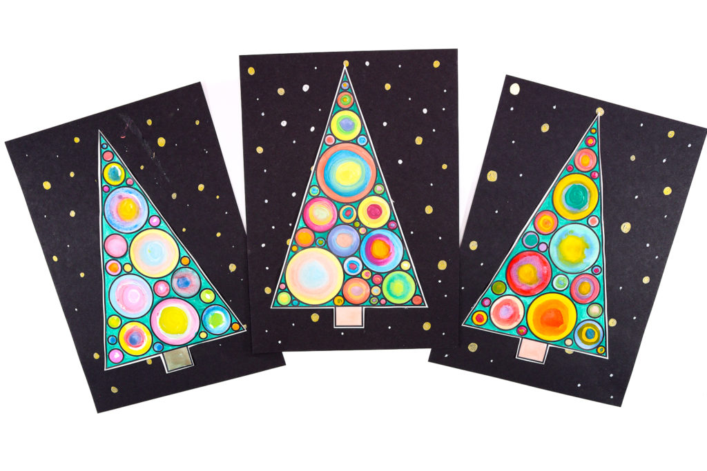 A collection if 3 painted Kandinsky Circle Art Christmas Trees