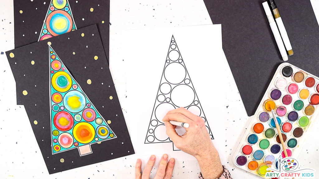 Hand drawing circles within the Christmas tree template.