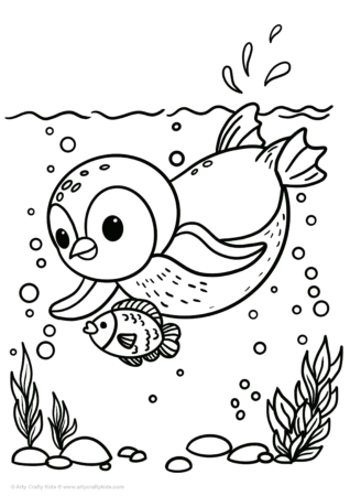 Simple penguin sheet swimming with a fish.