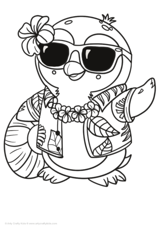 Penguin wearing a Hawaiian shirt and sun glasses.