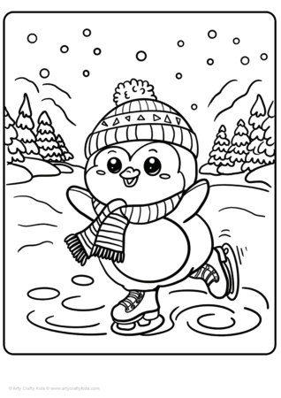 Adorable ice skating penguin with a scarf and bobble hat.