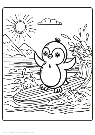 Surfing penguin coloring sheet.