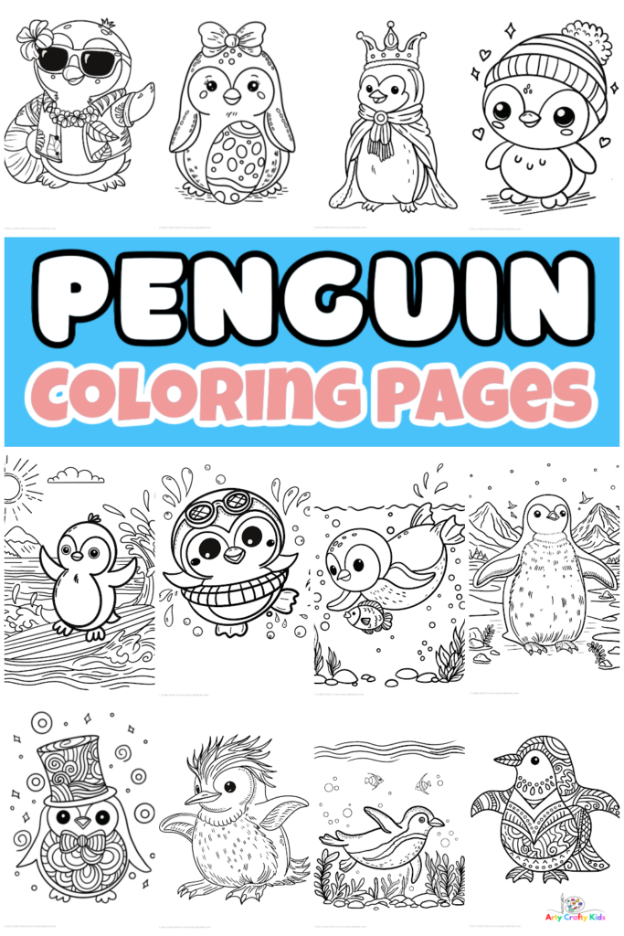 A collection of 20 coloring pages of penguins to color. Penguin sheets featuring simple designs for preschoolers and detailed, realistic penguins for older children.