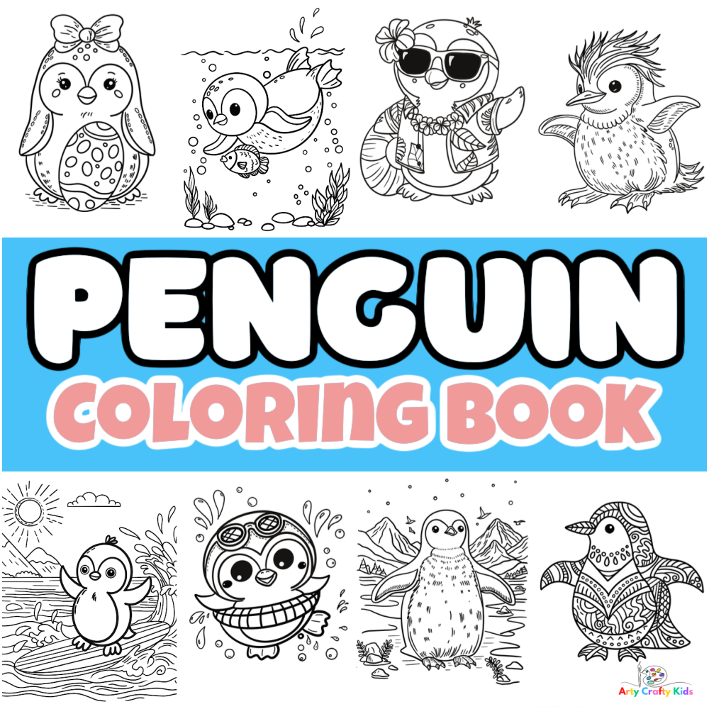 Penguin coloring book featuring 20 coloring pages of penguins from simple illustrations for preschoolers to detailed, realistic sheets for older children and adults.