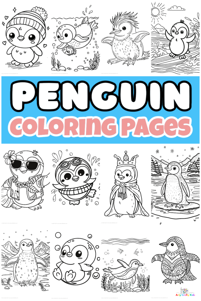 A collection of 20 coloring pages of penguins to color. Penguin sheets featuring simple designs for preschoolers and detailed, realistic penguins for older children.