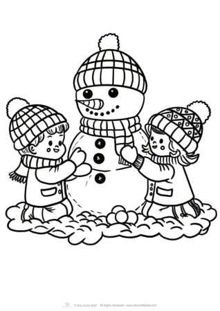 Free Children building a snowman coloring page