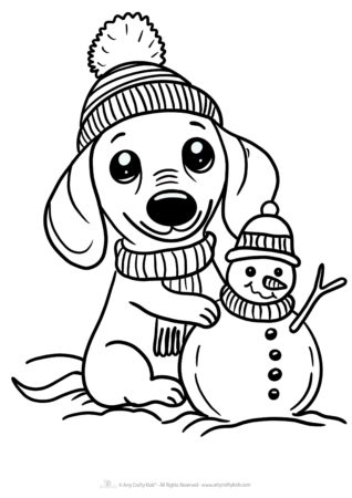 Puppy cuddling a little snowman