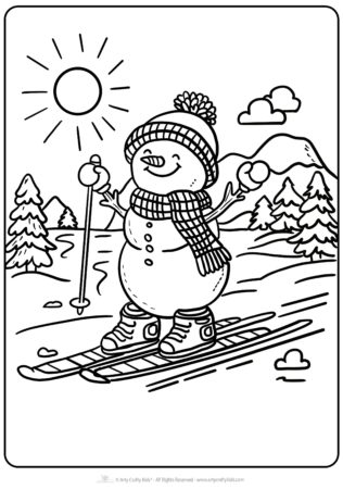 Snowman skiing coloring page