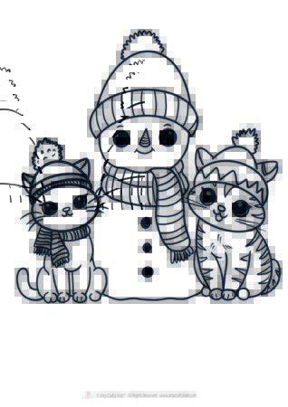 Snowman and cats coloring page