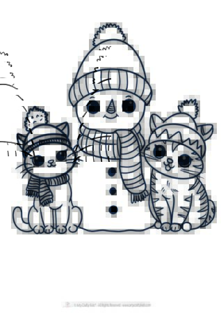 Snowman and cats coloring page