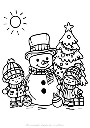 Snowman holding hands with children coloring page