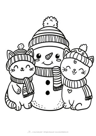 Snowman with cats coloring page