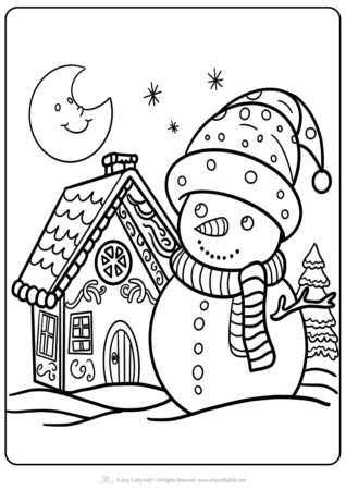 Snowman and gingerbread house coloring sheet