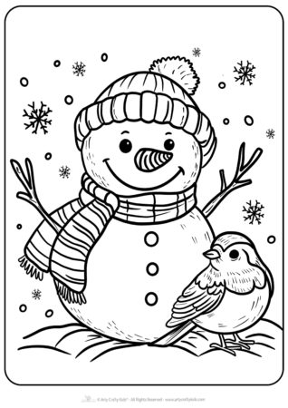 Detailed snowman and robin coloring sheet