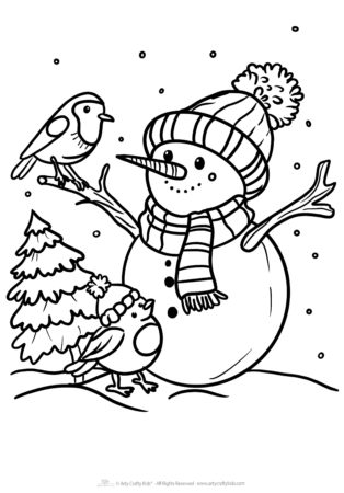 Snowman coloring sheet with robins