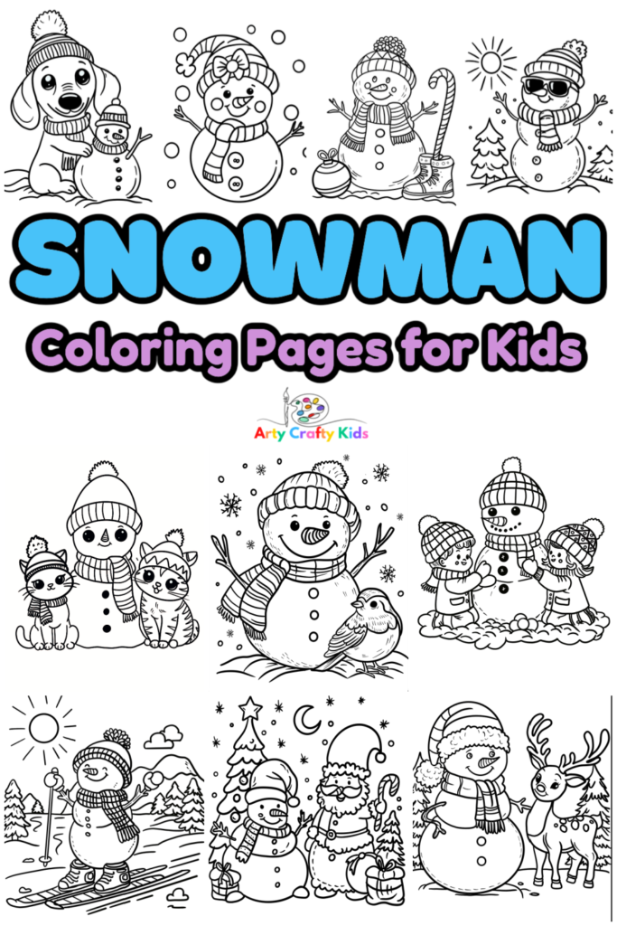 Printable Snowman Coloring Pages for Winter Fun - featuring 21 hand-drawn snowman designs with snow-animals, a snow-Santa, a snowman with animal friends and more!