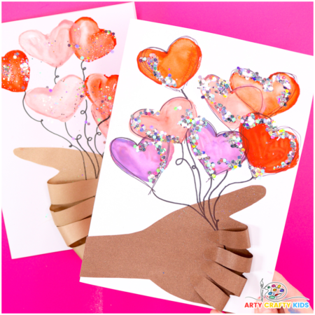 Handprint Valentine Day Card with Watercolor Hearts