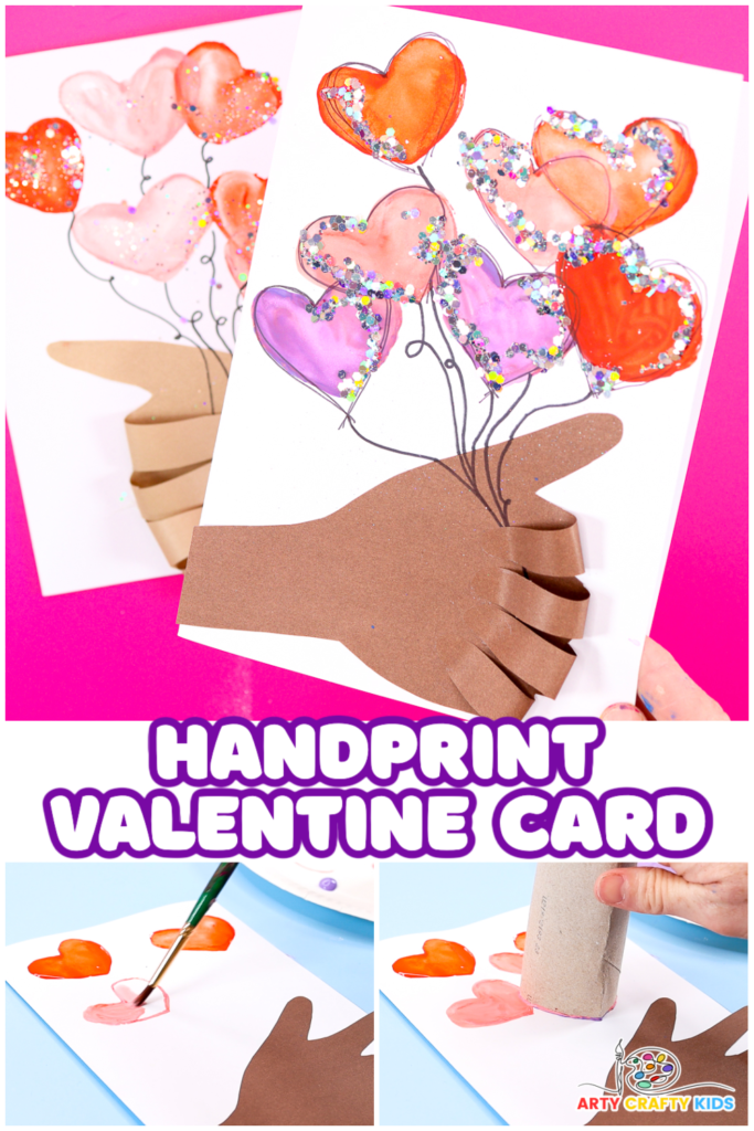 Handprint Valentine Card with Watercolor Hearts - A simple DIY Valentine's Day card for kids to make using paper roll heart stamp, watercolors and their handprint. 