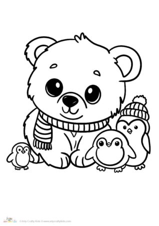 Free cute polar bear cub with baby penguins coloring page.
