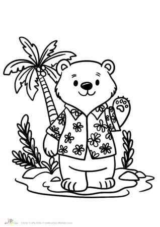 Polar bear coloring page wearing an Hawaiian shirt.