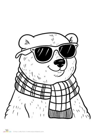 Polar bear wearing cool sunglasses and a scarf coloring page 