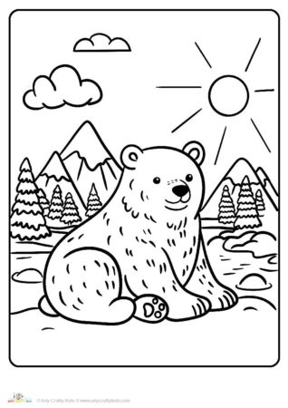 Picture of a polar bear sitting in front of the mountains coloring sheet