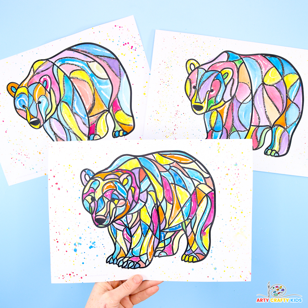 Completed Polar Bear Watercolor Paintings with Abstract Line Art.