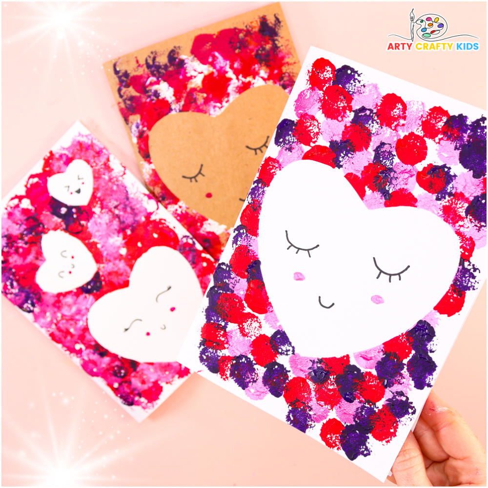 Preschool Valentine card craft with pom-pom printing and playful emojis. Easy DIY Valentine Card fun for kids!