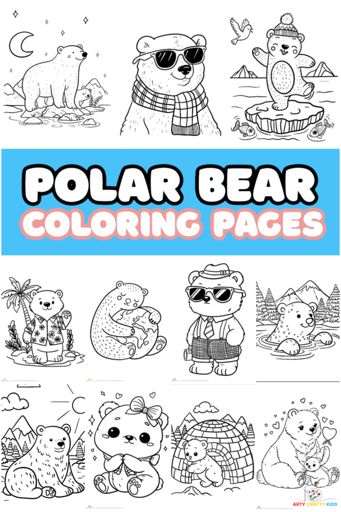 Collection of polar bear coloring pages for kids featuring simple outlines for art projects, polar bears with cubs, cartoon styled polar bears and polar bears with arctic friends. Lots of free sheets. 