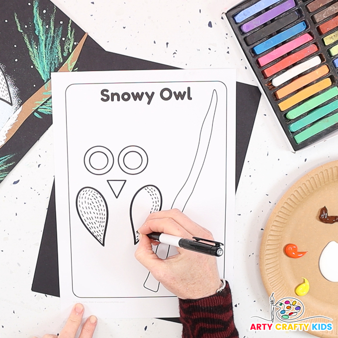 Image of a hand drawing detail to the snowy owls wing. Featuring a snowy owl craft template.