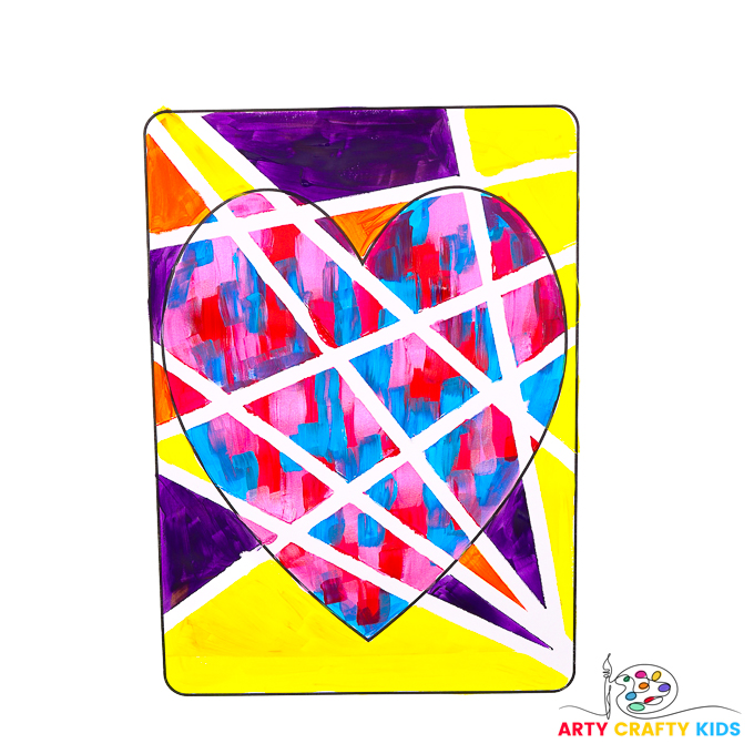Completed tape resist heart painting featuring bright colors and tape resist patterns.