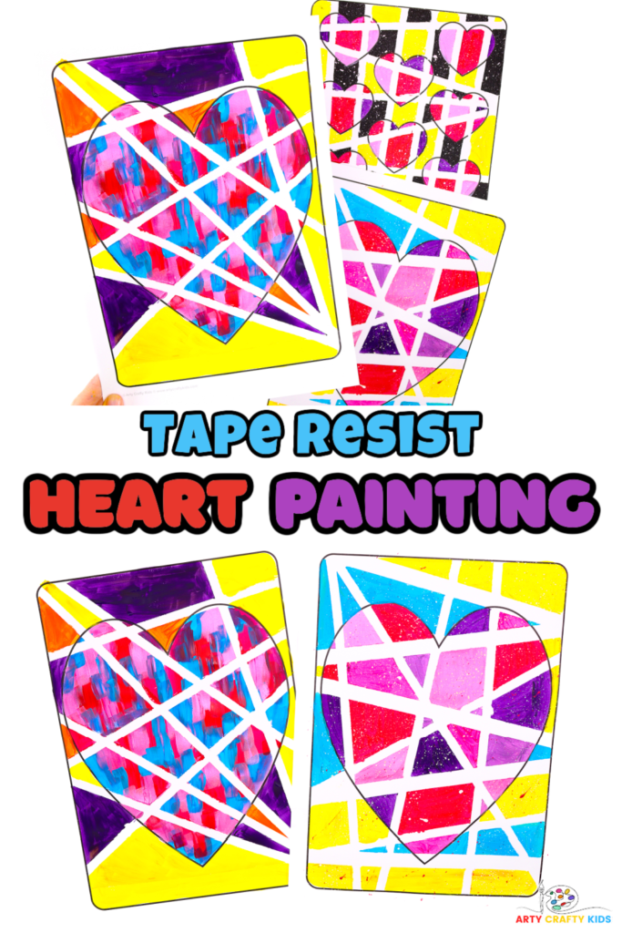 Bright and colorful tape resist heart painting for kids. A fun and easy heart art project for valentine's day. Complete with heart templates.