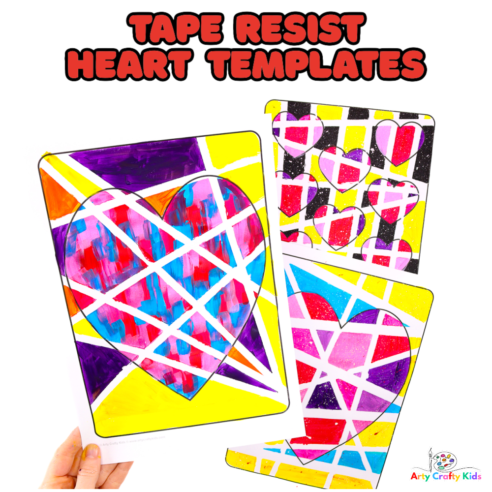 Bright and colorful tape resist heart painting for kids. A fun and easy heart art project for valentine's day. Complete with heart templates.