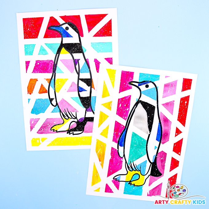 Completed tape resist penguin paintings.