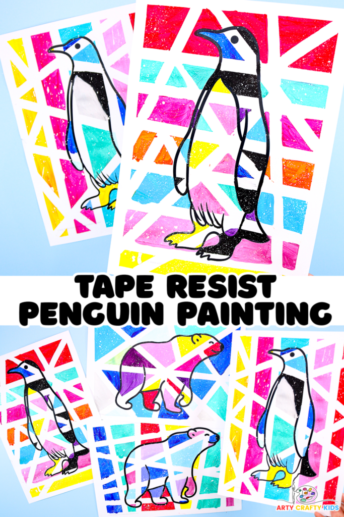 Brightly colored tape resist penguin painting for kids. A winter painting idea for kids of all ages.