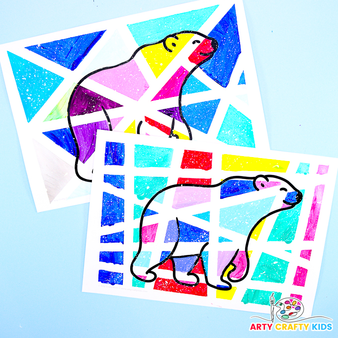 Bright and colorful Tape Resist Polar Bear Painting for kids.