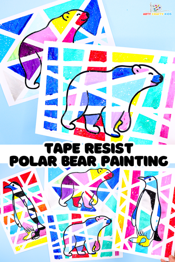 Bright and colorful Tape Resist Polar Bear Painting for kids.