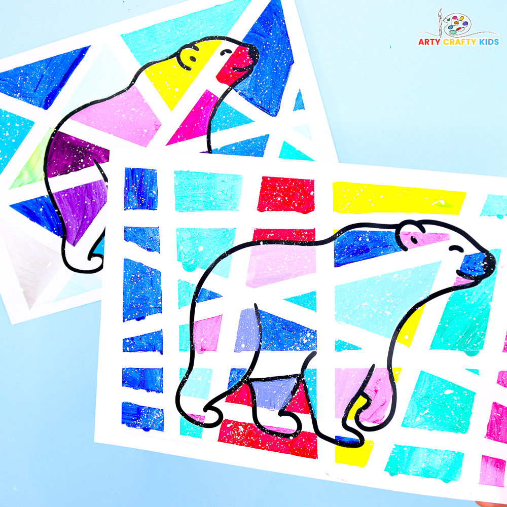 Bright and Colorful Tape Resist Polar Bear Painting