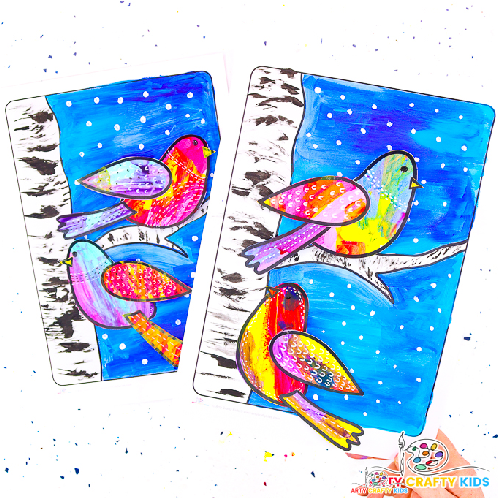 Winter Bird and Birch Tree Painting for Kids. An easy art idea for kids of all ages.