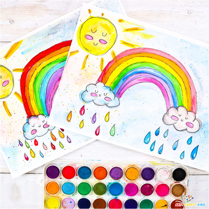 Completed vibrant watercolor rainbow paintings from the How to Draw and Paint a Rainbow with Watercolors tutorial.